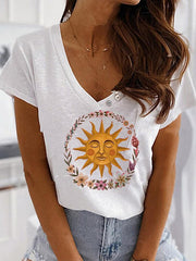 V neck button design printed women T-shirts