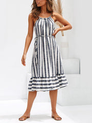Striped patchwork belt neck women's vacation dresses