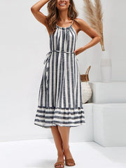 Striped patchwork belt neck women's vacation dresses