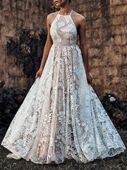 Lace halter sleeveless backless long customized evening dresses