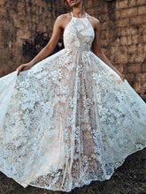 Lace halter sleeveless backless long customized evening dresses