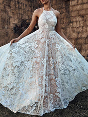 Lace halter sleeveless backless long customized evening dresses