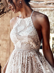 Lace halter sleeveless backless long customized evening dresses