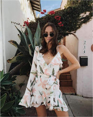 Floral Single sleeve Falbala Irregular Skater Dresses