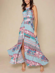 Floral Halterneck Split-front Backless Maxi Dresses