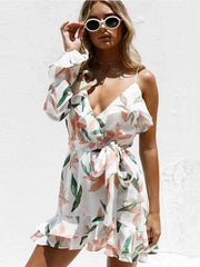 Floral Single sleeve Falbala Irregular Skater Dresses