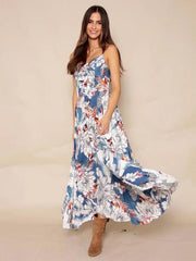 Floral Spaghetti Neck Backless Maxi Dresses