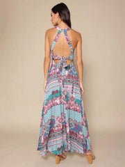 Floral Halterneck Split-front Backless Maxi Dresses