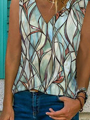 Floral Sleeveless Printed Cotton-blend V neck Vintage Summer Green Top