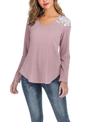 Lace patchwork shoulder v-neck long-sleeved T-shirts