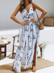 Halter Backless High Slit Floral Printed Sleeveless Maxi Dresses