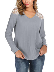 Lace patchwork shoulder v-neck long-sleeved T-shirts