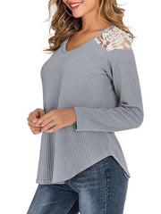 Lace patchwork shoulder v-neck long-sleeved T-shirts
