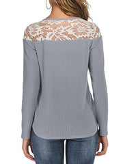 Lace patchwork shoulder v-neck long-sleeved T-shirts