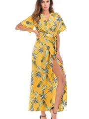V neck Floral Short sleeve Maxi Dresses