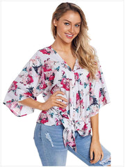 Floral V neck Batwing sleeve Loose T-Shirts