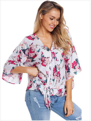 Floral V neck Batwing sleeve Loose T-Shirts