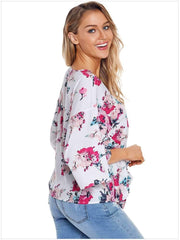 Floral V neck Batwing sleeve Loose T-Shirts