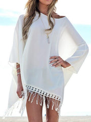 Tassel Plain Batwing Sleeve Beachwear
