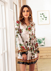 Long sleeve V neck Floral Elastic waist Shift Dresses