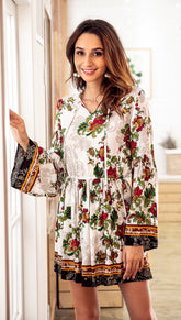 Long sleeve V neck Floral Elastic waist Shift Dresses