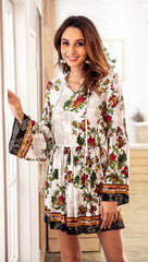 Long sleeve V neck Floral Elastic waist Shift Dresses