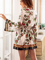 Long sleeve V neck Floral Elastic waist Shift Dresses