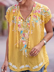 Floral printed V neck short sleeve T-shirts