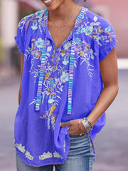 Floral printed V neck short sleeve T-shirts