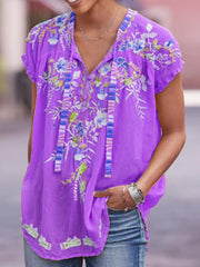 Floral printed V neck short sleeve T-shirts