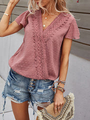 Sweet v neck short sleeve lace women blouses