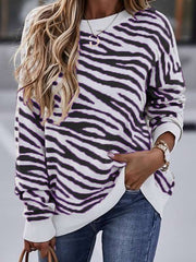Stylish Round neck zebra-stripe women long sleeve sweaters