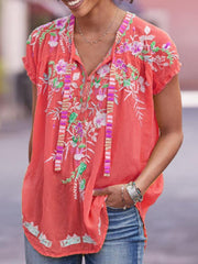 Floral printed V neck short sleeve T-shirts
