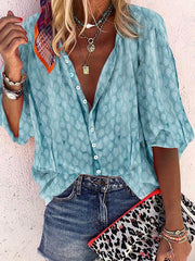Turn Down Collar Printed Blue Blouses for Women