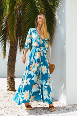 Floral Three quarter sleeve V neck Maxi Dresses
