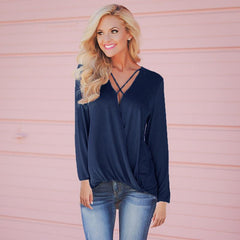 Long sleeve V neck Cross Loose Blouses