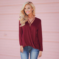 Long sleeve V neck Cross Loose Blouses