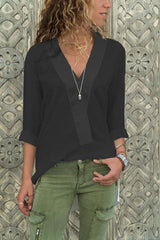 V Neck Asymmetric Hem Plain Blouses