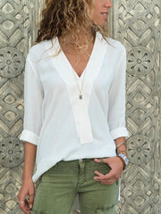 V Neck Asymmetric Hem Plain Blouses