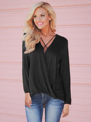 Long sleeve V neck Cross Loose Blouses