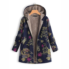 Floral Long Sleeve Hoodie Pockets Winter Plus Size Coat