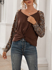 Leopard printed splicing V-neck off shoulder casual long-sleeve T-shirts women top