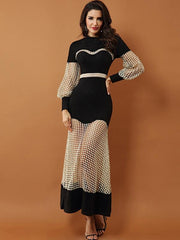 Hollow Out Printing O-Neck Long Party Women Evening Dresses