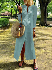 Four Colors Cotton Linen Long Sleeve Solid Loose V Neck Boho Long Dress Casual Dress Maxi Dress For Woman