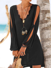 Long Sleeve V Neck Cotton-Blend Dresses