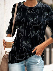 Long Sleeve Cat Printed Cute T-Shirts