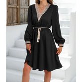 Solid Color Spliced Lace Up Fashion Midi Dress