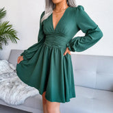 V-Neck Solid Colorl Chiffon Dress