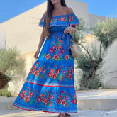 Bohemian Slash Neck Off Shoulder Flower Print Long Swing New Summer Vintage Beach Vacation Floral Dress
