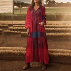 Bohemian Vintage Loose Long Sleeve New Spring Autumn 's Maxi SunCasual V Neck Plaid Dress